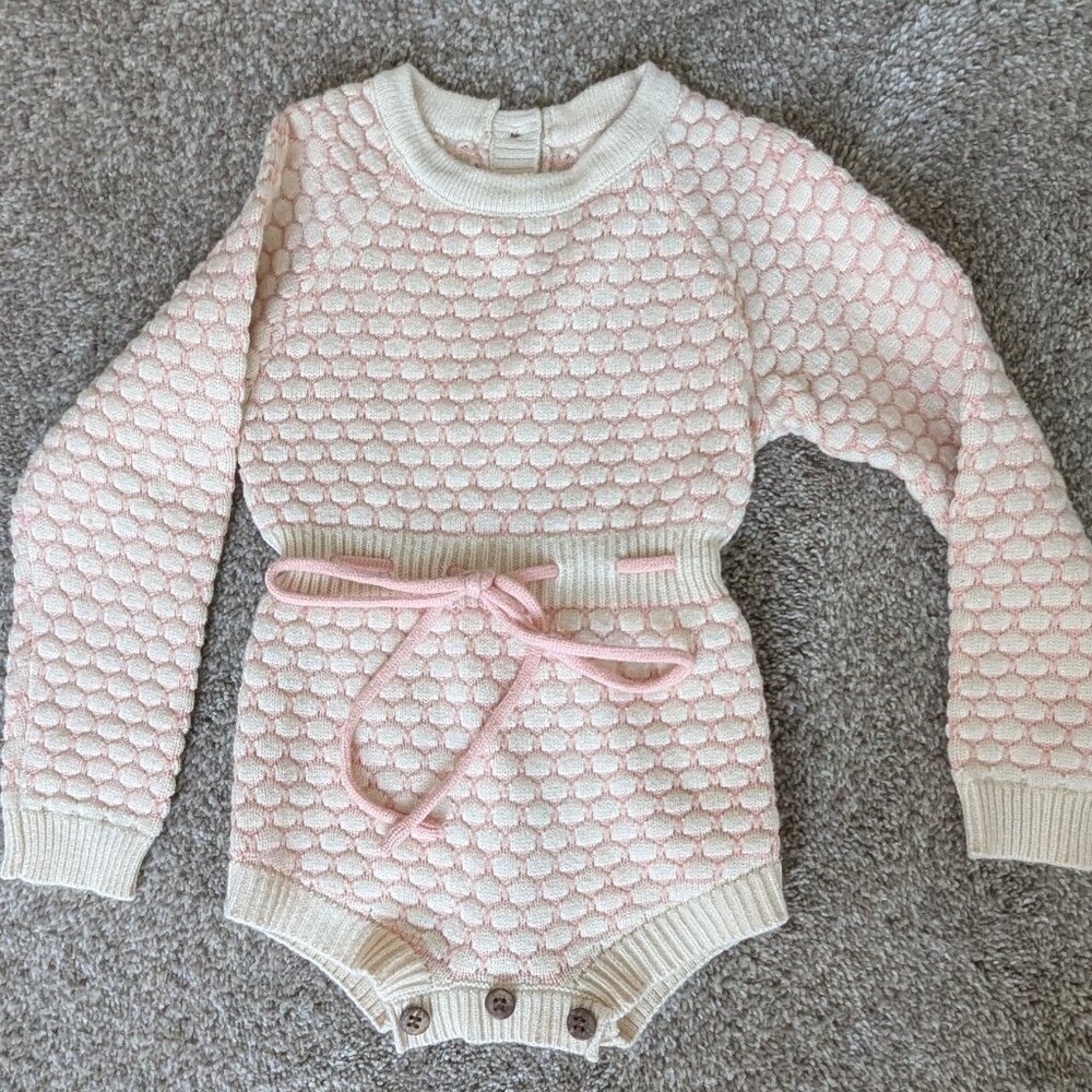 Hazel & Bo Pink and Cream Sweater Romper with Tie Waist